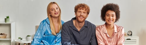Preview: open relationship, polygamy, understanding, three adults, happy redhead man and multicultural women