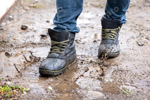 Preview: A man in jeans and boots walks through the swamp in rainy weather.