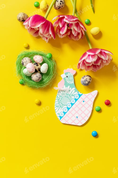 Preview: Colorful Easter background. Holiday greeting card with painted eggs