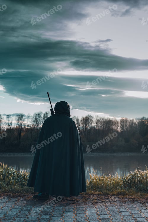 Preview: armed dark fat soldier marching on guard outdoors war evil dark ages concept