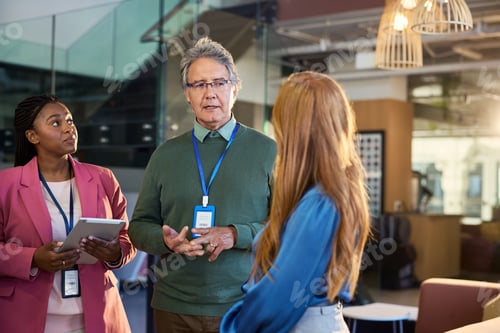 Preview: Mature businessman discussing during annual meeting with multiethnic colleague