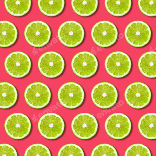 Preview: Vibrant fruit pop art background with green lime slices on red background