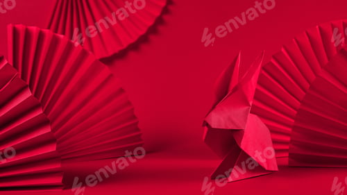 Preview: Chinese New Year .Decor pattern fan on red background. Red paper fans .Lunar New Year banner templa