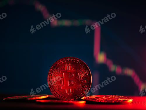 Preview: Coins with bitcoin symbol on red light and crypto stocks chart background.