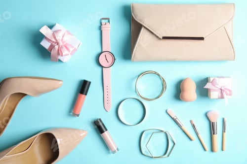 Preview: Flat lay composition with female accessories on color background. Beauty blogger