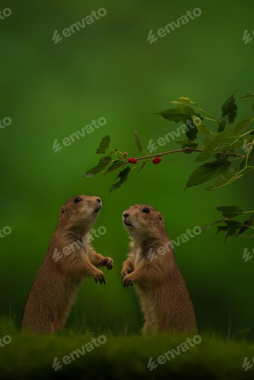Preview: Vertical closeup of two Prairie Dogs on green grass