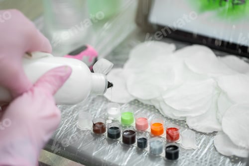 Preview: Tattoo master dips a tattoo machine with needles in black ink. The tattoo master applies a colored