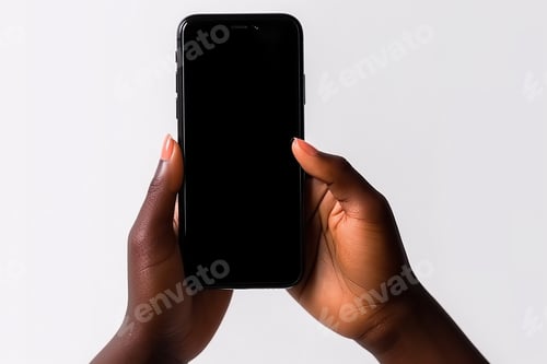 Preview: Modern Technology in Black Hands: Photo of a Black Woman Holding a Smartphone on a White Background