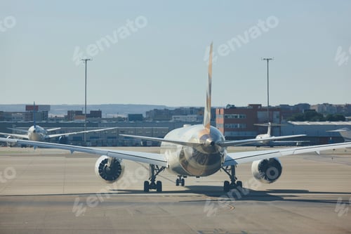 Preview: Comercial airplane in the runway. Transportation and tourism industry