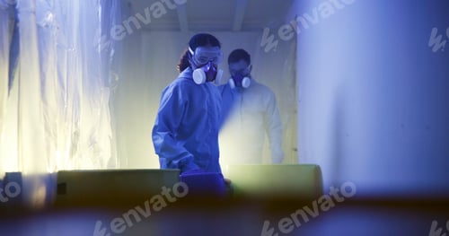 Preview: Biohazard, chemical waste and people with ppe for test, science investigation or exam. Pollution, e