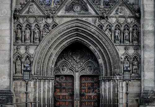 Preview: Ornate facade and doorway of St Giles' Cathedral in the Old Town of Edinburgh, Scotland