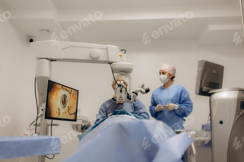 Preview: A surgeon looks through a microscope in the operating room. A doctor uses a microscope during eye