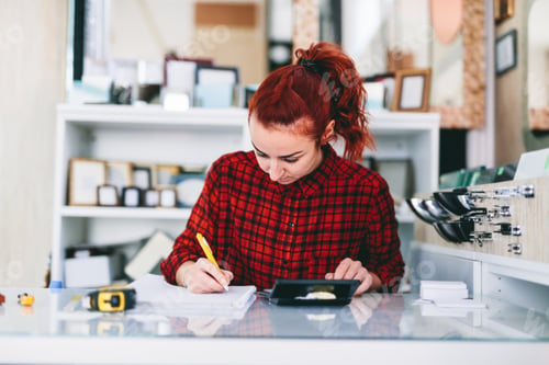 Preview: Woman shop assistant working in mirror and frames store