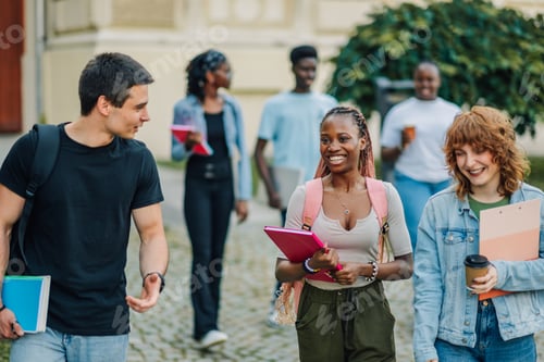 Preview: Happy diverse exchange student walking in campus with classmates.