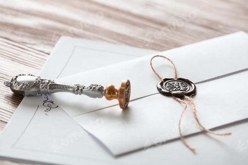 Preview: Vintage notary stamp and documents on wooden table, closeup