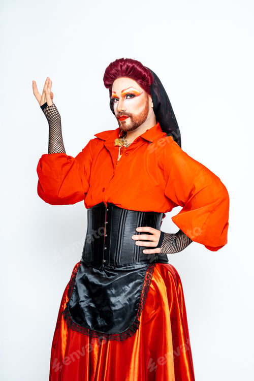Preview: Queer Drag Queen in Costume With Red Hair and Makeup