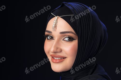Preview: Portrait of a young muslim woman in hijab on black background