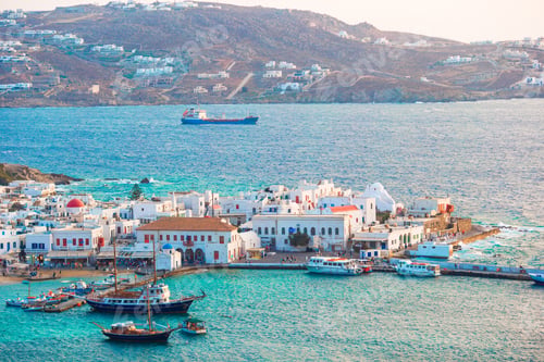 Preview: View of traditional greek village with white houses on Mykonos Island, Greece