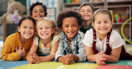 Preview: Kindergarten, kids and face with smile on floor for education, knowledge and learning at academy. S