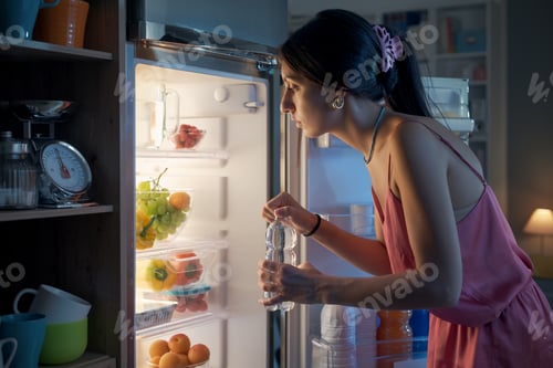 Preview: Thirsty woman looking in the fridge at night