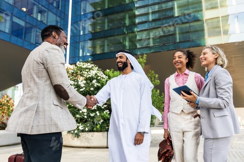 Preview: Group of multiethnic business people meeting an emirati businessman