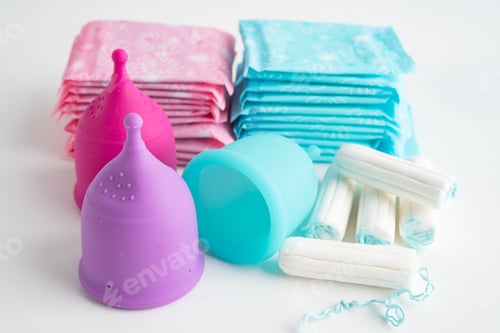 Preview: Menstruation cycle with sanitary pad and cotton tampon for woman hygiene and protection.