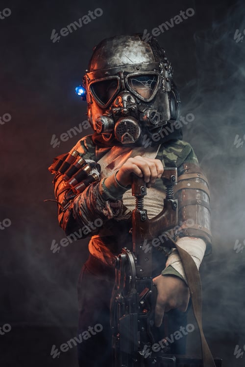 Preview: Little survivor with gas mask and gun in smokey background