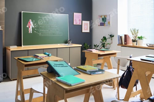 Preview: Classroom with Desks and Chalkboard for Health Education