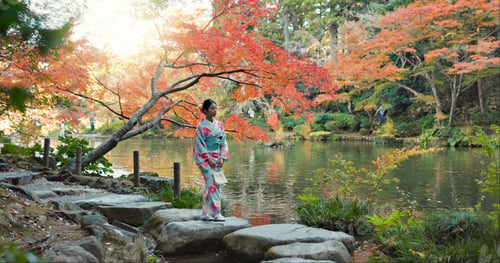 Preview: Walking, lake or calm Asian woman in park for journey on holiday vacation for freedom or wellness.