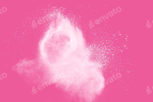 Preview: White powder explosion on pink background.White dust particle splashing.