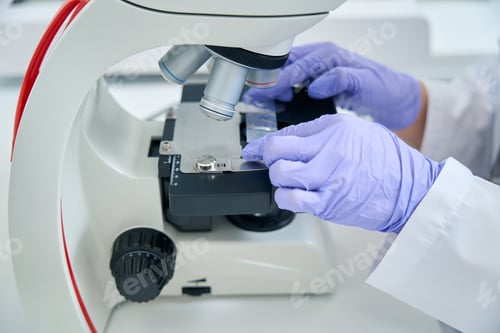 Preview: Laboratory employee places a biomaterial for dna test under microscope