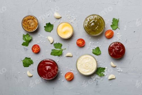 Preview: Many different sauces and herbs on table, flat lay top view. sauces with spices healthy concept