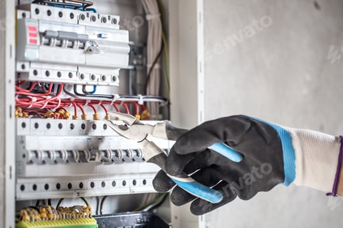 Preview: Man, an electrical technician working in a switchboard with fuses.