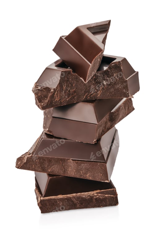 Preview: Stack of dark chocolate pieces with rough broken edges isolated on white background