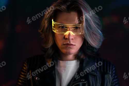 Preview: Metaverse digital cyber world technology, portrait of young man with smart glasses, futuristic