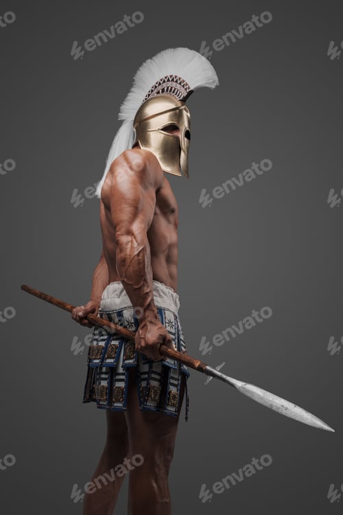 Preview: Ancient Greek hoplite, standing with a bare, muscular torso