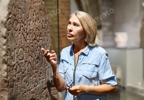 Preview: Woman Studying Ancient Writing Hieroglyphs At Museum