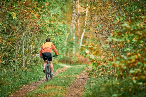 Preview: Female mountain biker riding on bike in nature taking part in marathon, sports, fitness, health