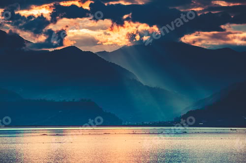 Preview: The sunset over the Phewa Lake. Pokhara. Nepal