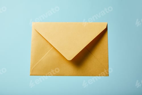 Preview: yellow and colorful envelope on blue background with copy space