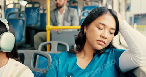 Preview: Tired nurse, woman and nap on bus for travel journey, shift burnout and overworked. Morning commute