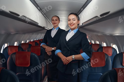 Preview: Cabin crew members posing for photo inside plane