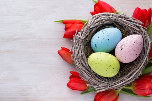 Preview: Red tulips, spring flowers and Easter decoration.