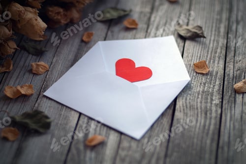 Preview: Open envelope with single red paper heart framed by dry roses on