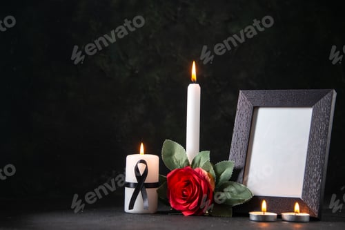 Preview: front view white candle with picture frame and flower on dark surface funeral evil death