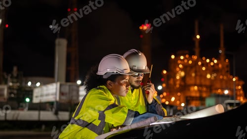 Preview: Engineer wear uniform and helmet stand in front of the car hand holding blueprint paper, survey insp