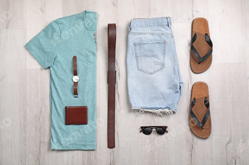 Preview: Set of stylish clothes and accessories on wooden floor, flat lay