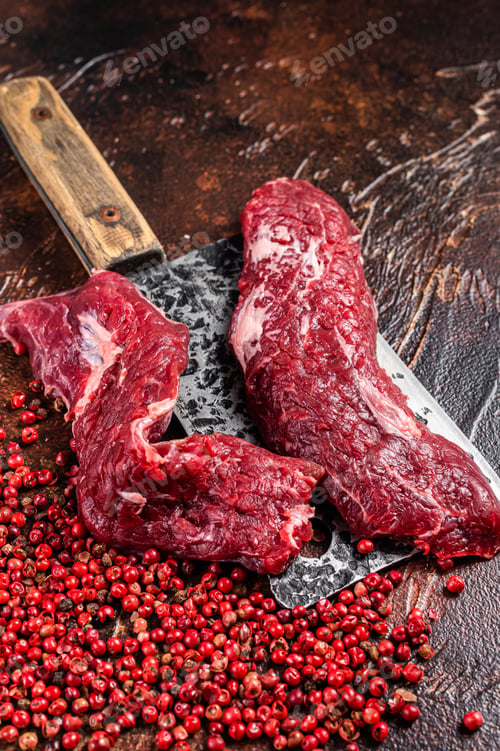 Preview: Raw Machete steak and flap steak flank cut on butcher meat cleaver. Dark background. Top view