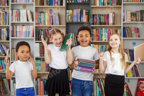 Preview: Four children holding stack of books in library. Multiethnic classmates having fun. Back to school.