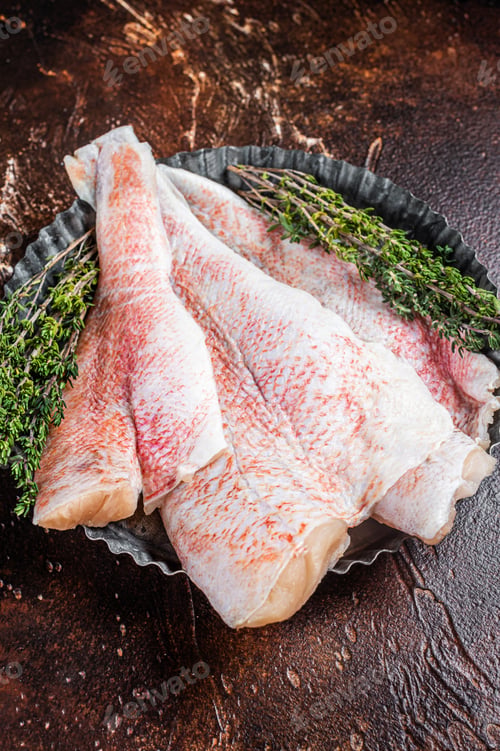 Preview: Raw ocean red perch fillet, Snapper fish with herbs. Dark background. Top view